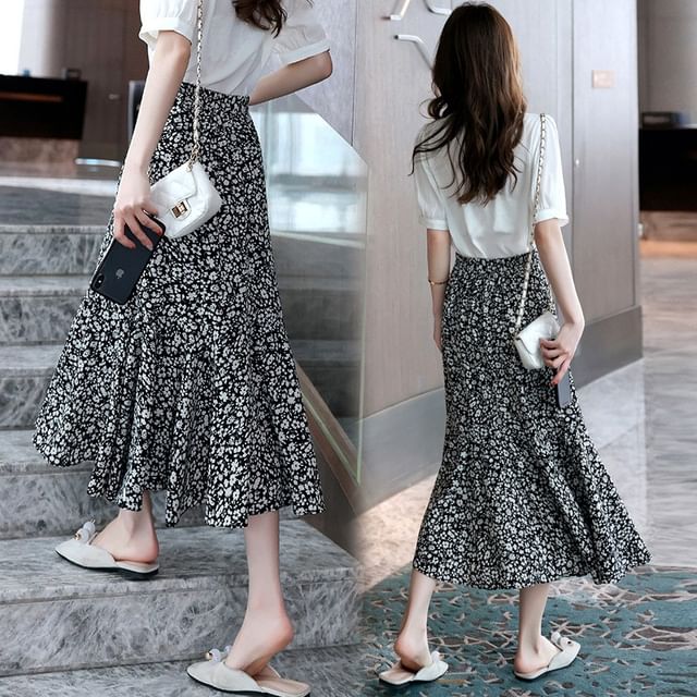 Print A-Line Floral Skirt Waist Elastic Midi