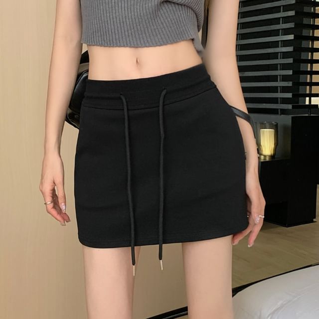 Pencil Drawstring Skirt Waist Mini Plain