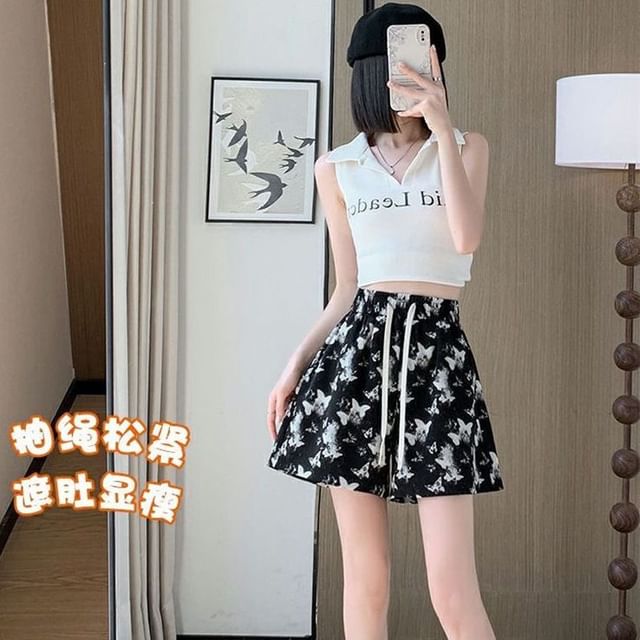 Shorts Drawstring Waist Butterfly Print