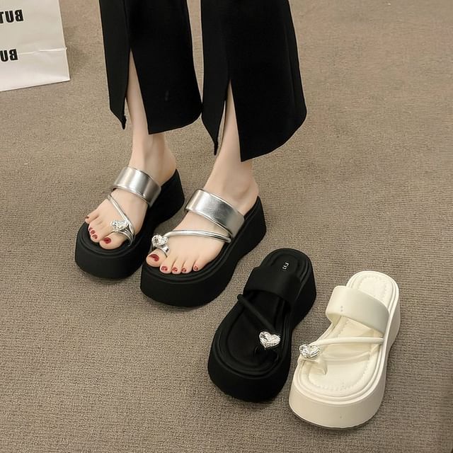Heart Loop Sandals Toe Platform Rhinestone Slide