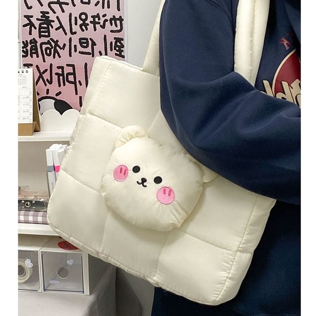 Applique Tote Bag Bear Nylon Quilted