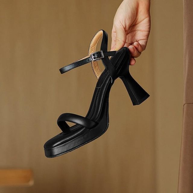 High Sandals Faux Strap Plain Ankle Square Leather Heel Toe