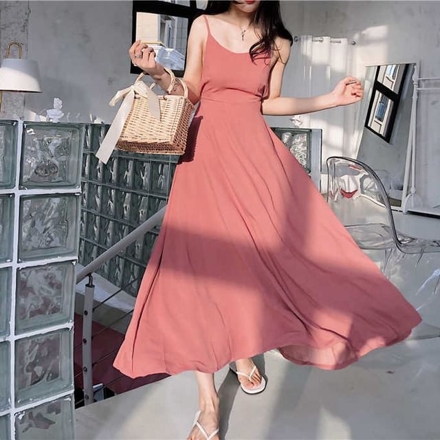 Maxi Sundress Back Spaghetti Plain Strap Open