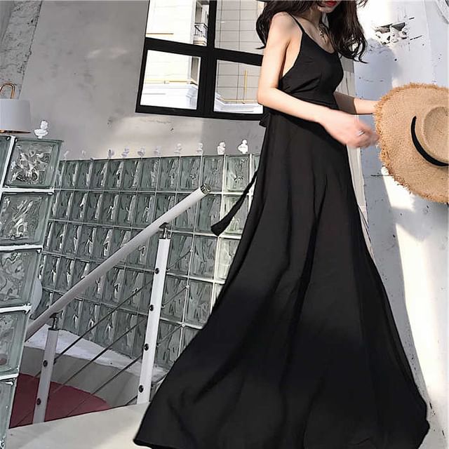 Maxi Sundress Back Spaghetti Plain Strap Open