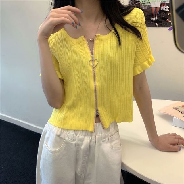Round Plain Zip Cardigan Ribbed Short-Sleeve Neck