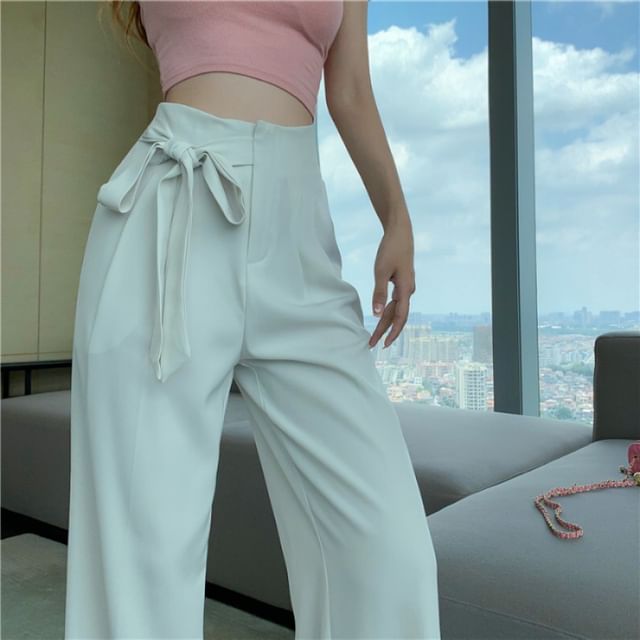 Leg Dress Wide Waist Tie-Up High Plain Pants