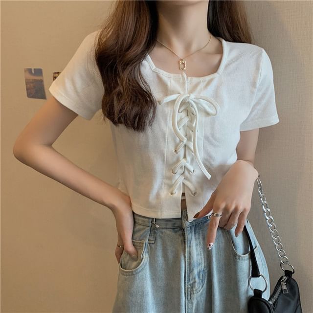 Neck Lace Short-Sleeve Plain Square Top Up