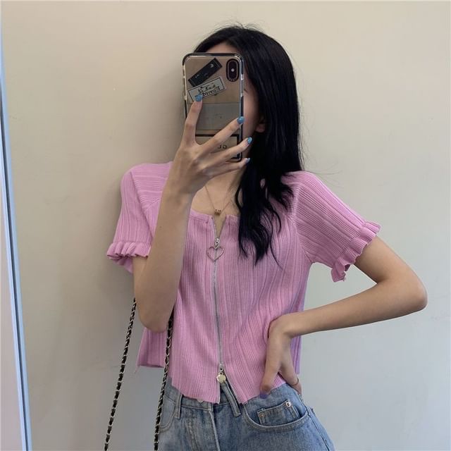 Round Plain Zip Cardigan Ribbed Short-Sleeve Neck