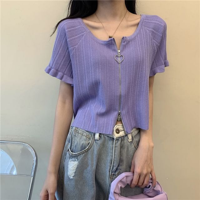 Round Plain Zip Cardigan Ribbed Short-Sleeve Neck