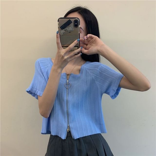 Round Plain Zip Cardigan Ribbed Short-Sleeve Neck