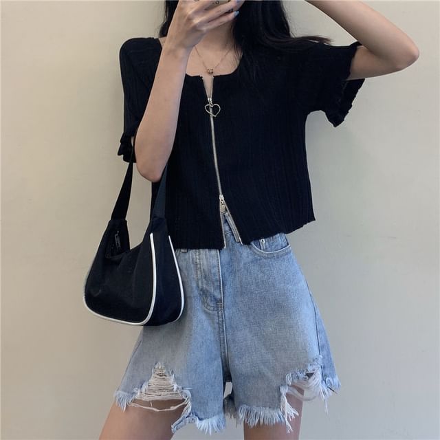 Round Plain Zip Cardigan Ribbed Short-Sleeve Neck