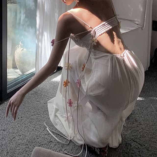 V-Neck Strap Maxi Floral Spaghetti Accent Dress A-Line Open Ruched Back