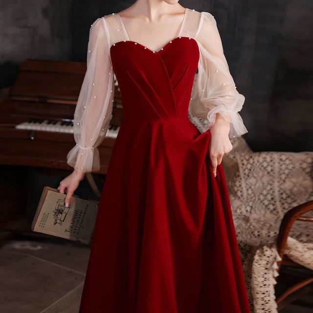 A-Line Evening Midi Pearl Puff-Sleeve Dress Plain Faux Gown /