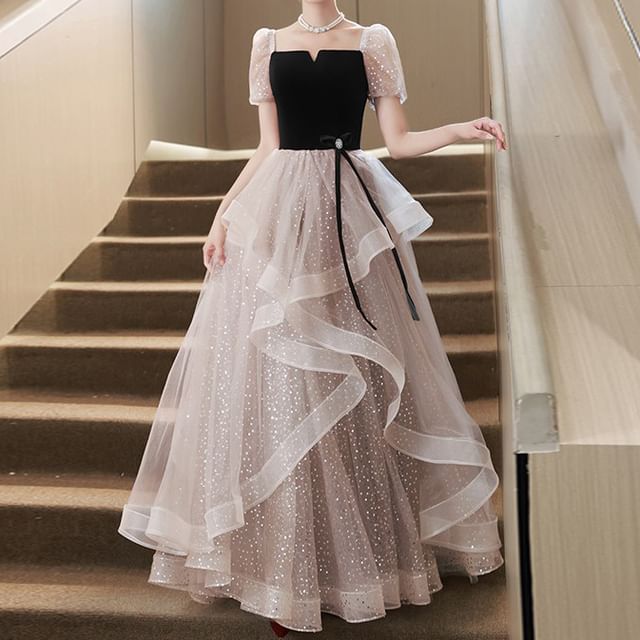 Evening Dress Gown A-Line Cocktail Sequin Puff-Sleeve /