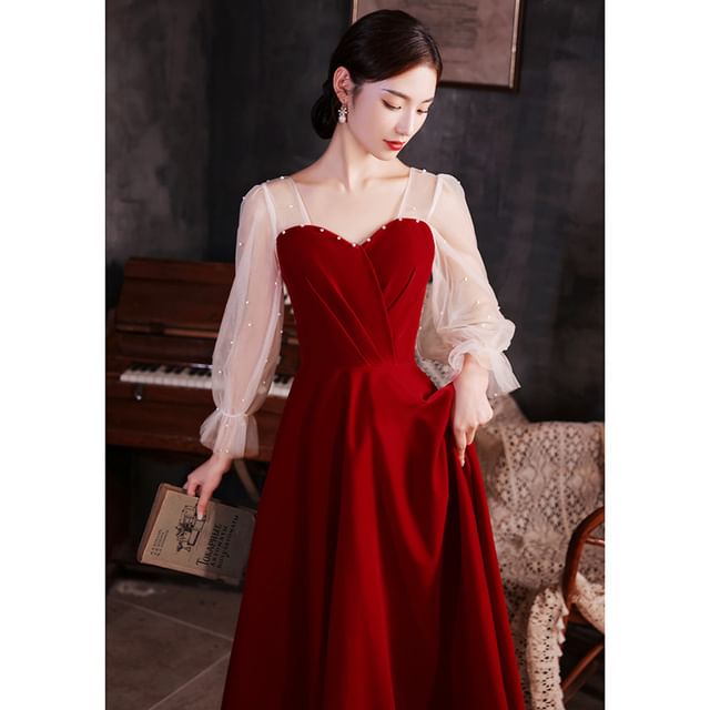 A-Line Evening Midi Pearl Puff-Sleeve Dress Plain Faux Gown /