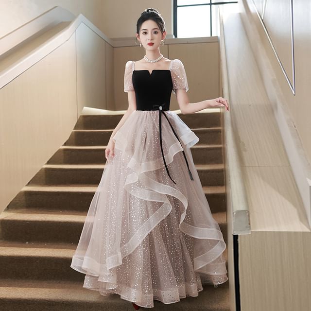 Evening Dress Gown A-Line Cocktail Sequin Puff-Sleeve /