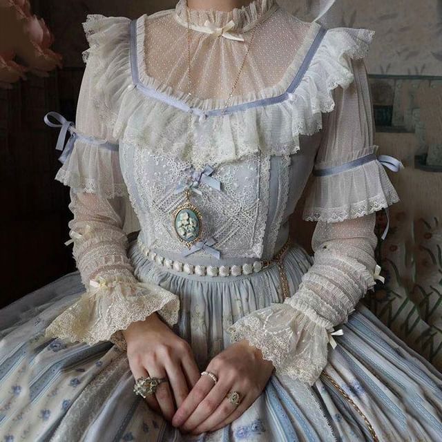 Long-Sleeve Stand Collar Dotted Bow Accent Frill Trim Mesh Top