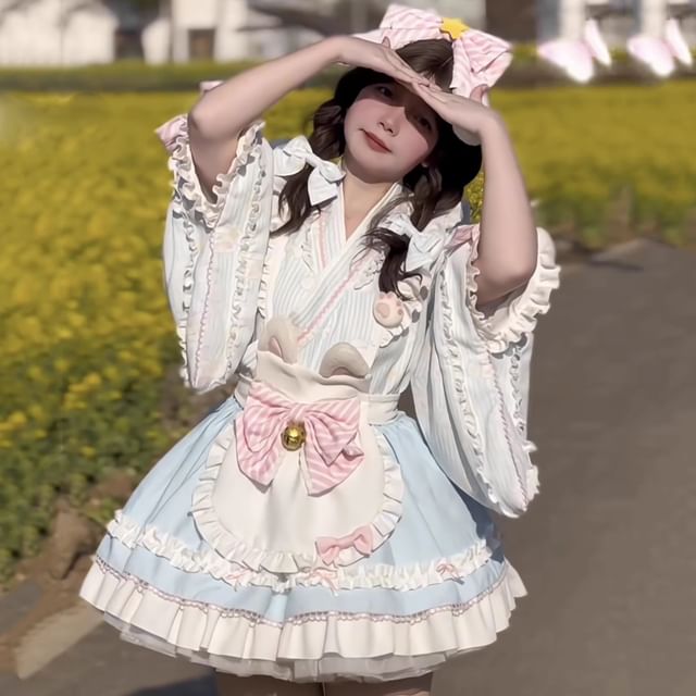 Set: Long-Sleeve V-Neck Lace Trim Wrap Blouse + Two Tone Frill Trim Suspender Mini A-Line Skirt + Apron + Bow + Hair Clip