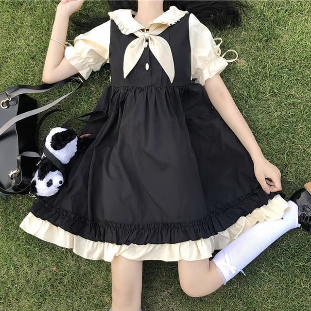 Puff-Sleeve Peter Pan Collar Mock Two-Piece Two Tone Bow Accent Frill Trim A-Line Dress