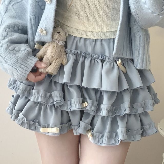 High Waist Plain Bow Accent Frill Trim Tiered Mini A-Line Skort