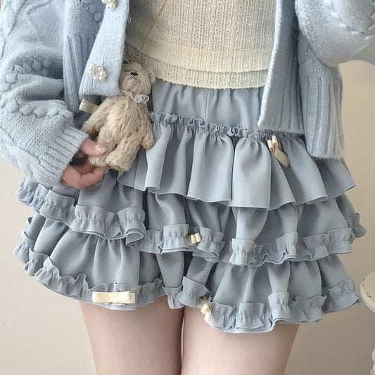 High Waist Plain Bow Accent Frill Trim Tiered Mini A-Line Skort