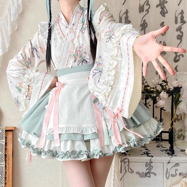 Long-Sleeve V-Neck Floral Print Frill Trim Wrap Blouse / Two Tone Layered Suspender Mini A-Line Skirt / Bow Apron / Petticoat Skirt / Set