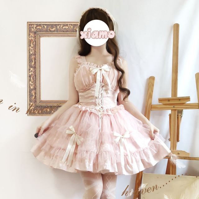 Sleeveless Jacquard Bow Accent Frill Trim Ruched Lace-Up Mini A-Line Dress