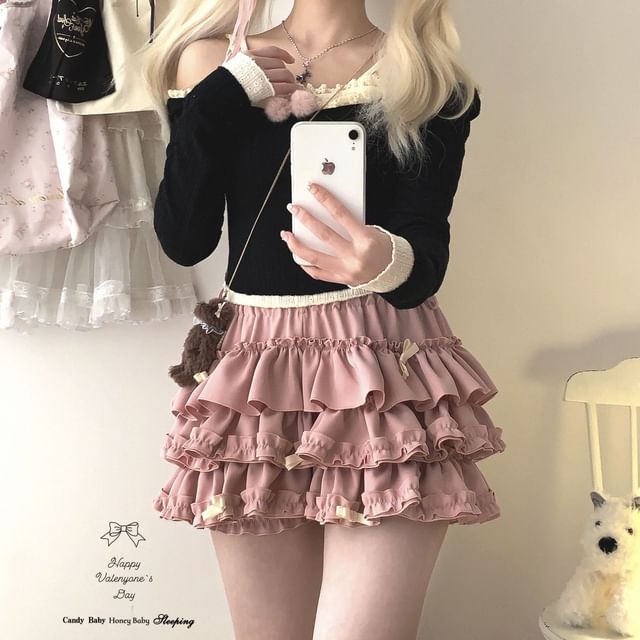 High Waist Plain Bow Accent Frill Trim Tiered Mini A-Line Skort