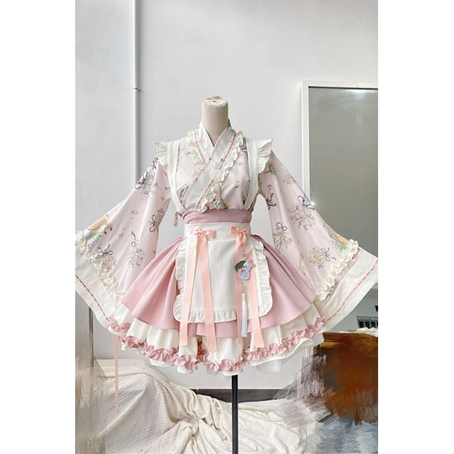 Long-Sleeve V-Neck Floral Print Frill Trim Wrap Blouse / Two Tone Layered Suspender Mini A-Line Skirt / Bow Apron / Petticoat Skirt / Set