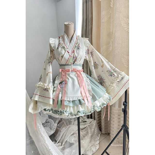 Long-Sleeve V-Neck Floral Print Frill Trim Wrap Blouse / Two Tone Layered Suspender Mini A-Line Skirt / Bow Apron / Petticoat Skirt / Set