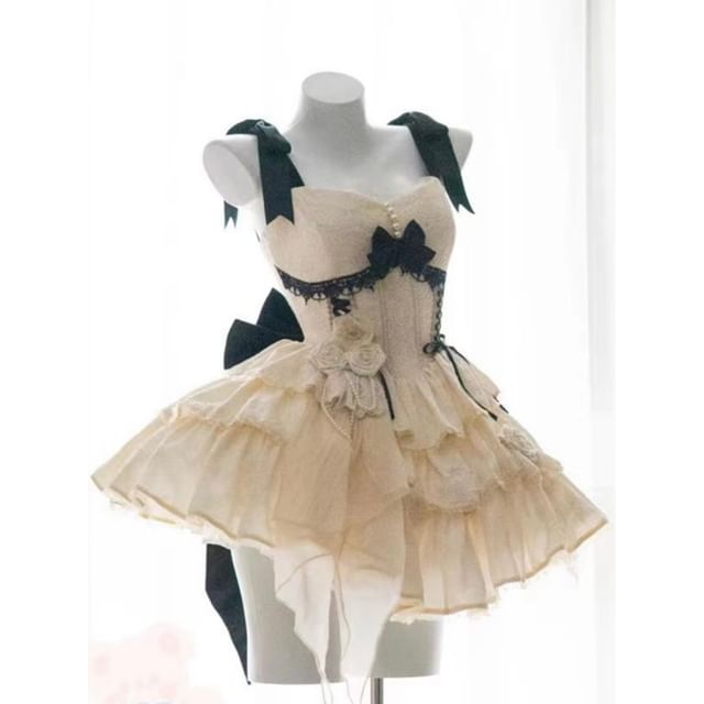 Sleeveless Lace Panel Bow Accent Tiered Lace-Up Mini A-Line Dress / Bow / Floral Brooch / Set