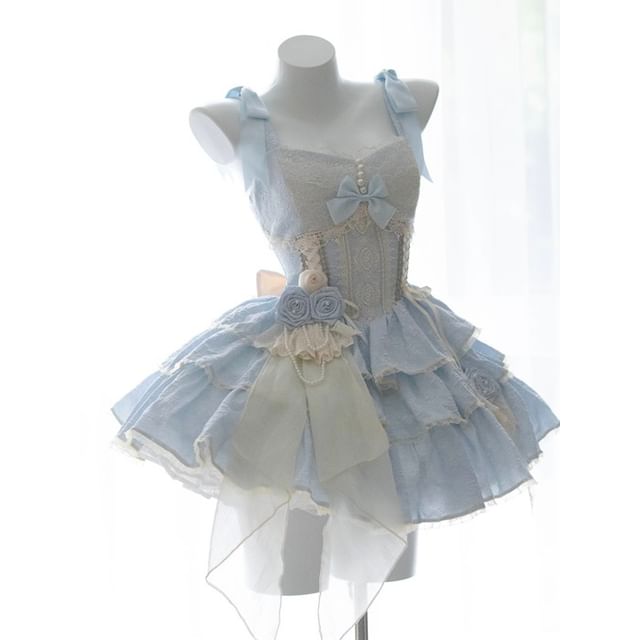 Sleeveless Lace Panel Bow Accent Tiered Lace-Up Mini A-Line Dress / Bow / Floral Brooch / Set