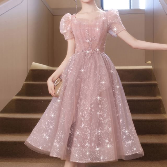 Cocktail Short-Sleeve Sequin Mesh Dress A-Line Midi