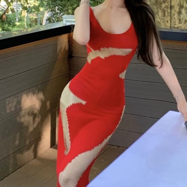 Maxi Dress Back Open Sleeveless Scoop Neck Bodycon Patterned