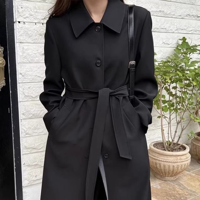 Collared Plain Midi Button Trench Coat