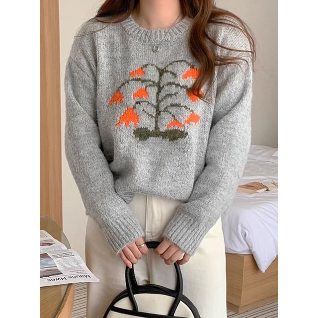 Crew Neck Floral Patterned Sweater