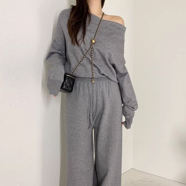 Set: Long Sleeve One Shoulder Plain Knit Top + Drawstring Waist Wide Leg Pants