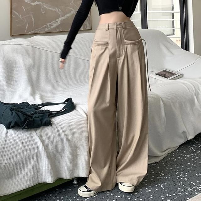 Suit Pants Wide High Plain Pleated Leg Rise