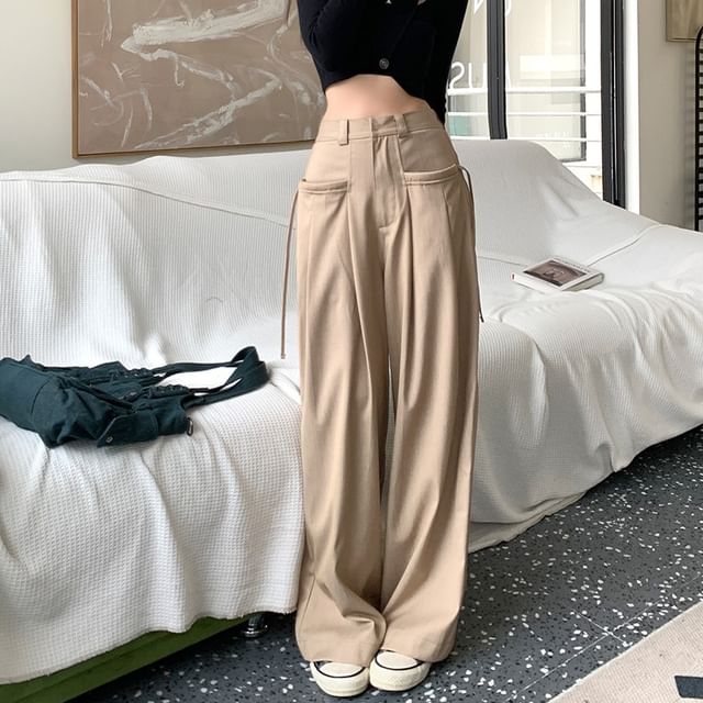 Suit Pants Wide High Plain Pleated Leg Rise