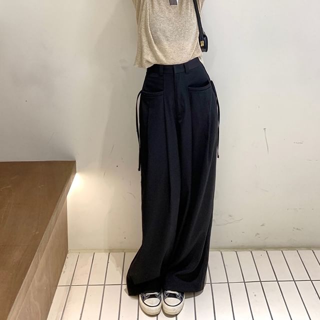 Suit Pants Wide High Plain Pleated Leg Rise