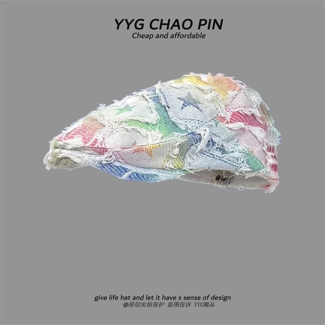 Trim Denim Gradient Star Print Distressed / Cap Newsboy Fringed