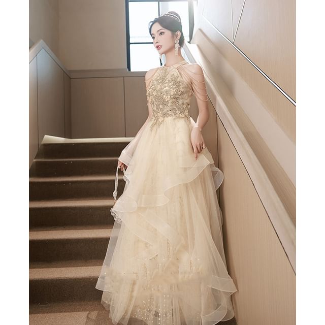 Sleeveless Halter Sequin Mesh A-Line Evening Gown