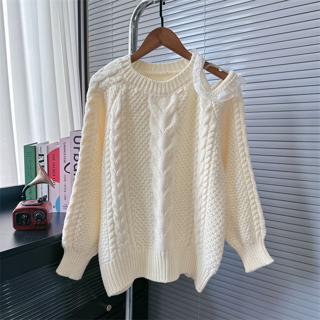 Round Neck Cold-Shoulder Plain Beaded Ruffle Trim Sweater