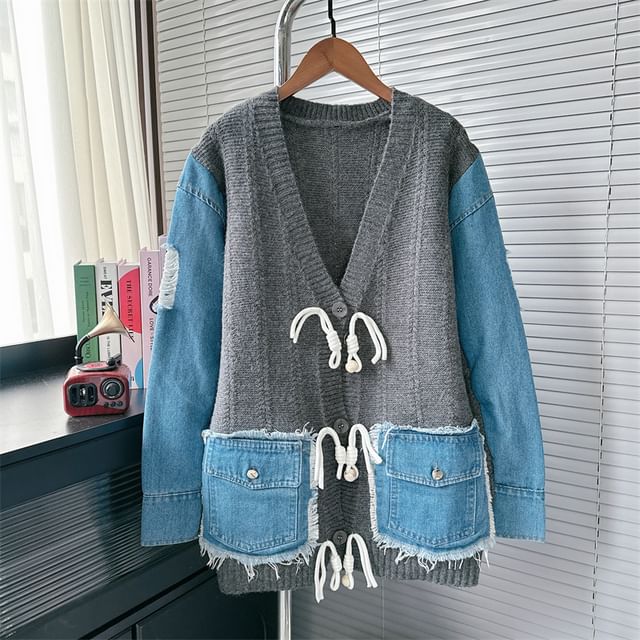 V-Neck Fringed Denim Panel Cardigan