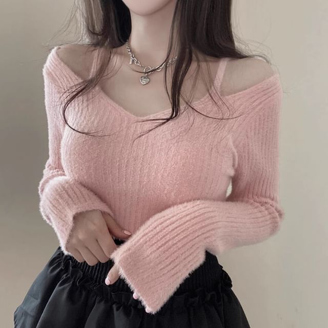 Cold Shoulder V-Neck Plain Ribbed Crop Sweater