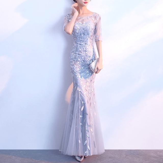 Elbow-Sleeve Boat Neck Sequin Mermaid Evening Gown