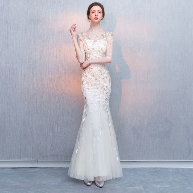 Elbow-Sleeve Boat Neck Sequin Mermaid Evening Gown