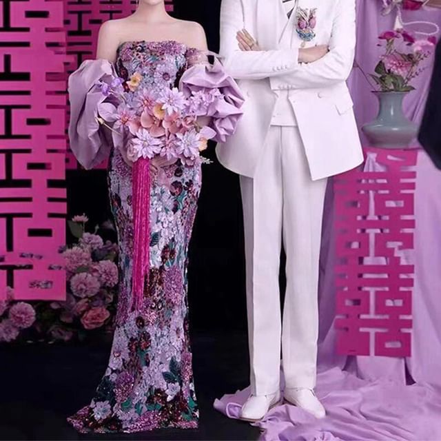 Strapless Floral Sequin Mermaid Evening Gown