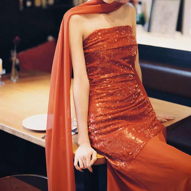 Strapless Sequin Panel Sheath Evening Gown