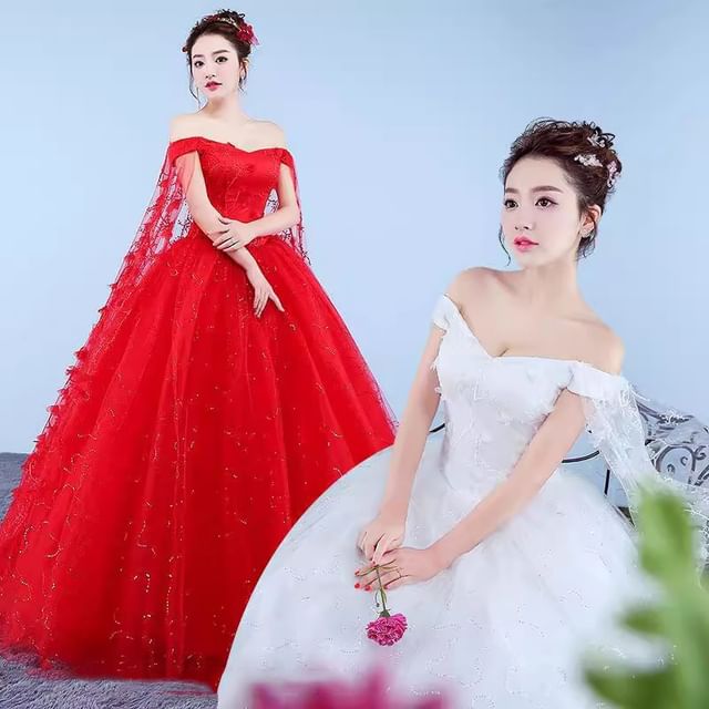 Off-Shoulder Floral Sequin Ball Gown